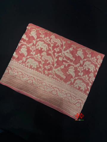 Shade Of Peach Pure Chiffon Metallic Zari Pure Banarasi Silk Saree - Chiffon Sarees -