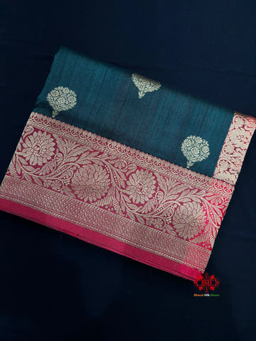 Green Shade Pure Banarasi Tusser Moonga Silk Saree - Tussar -