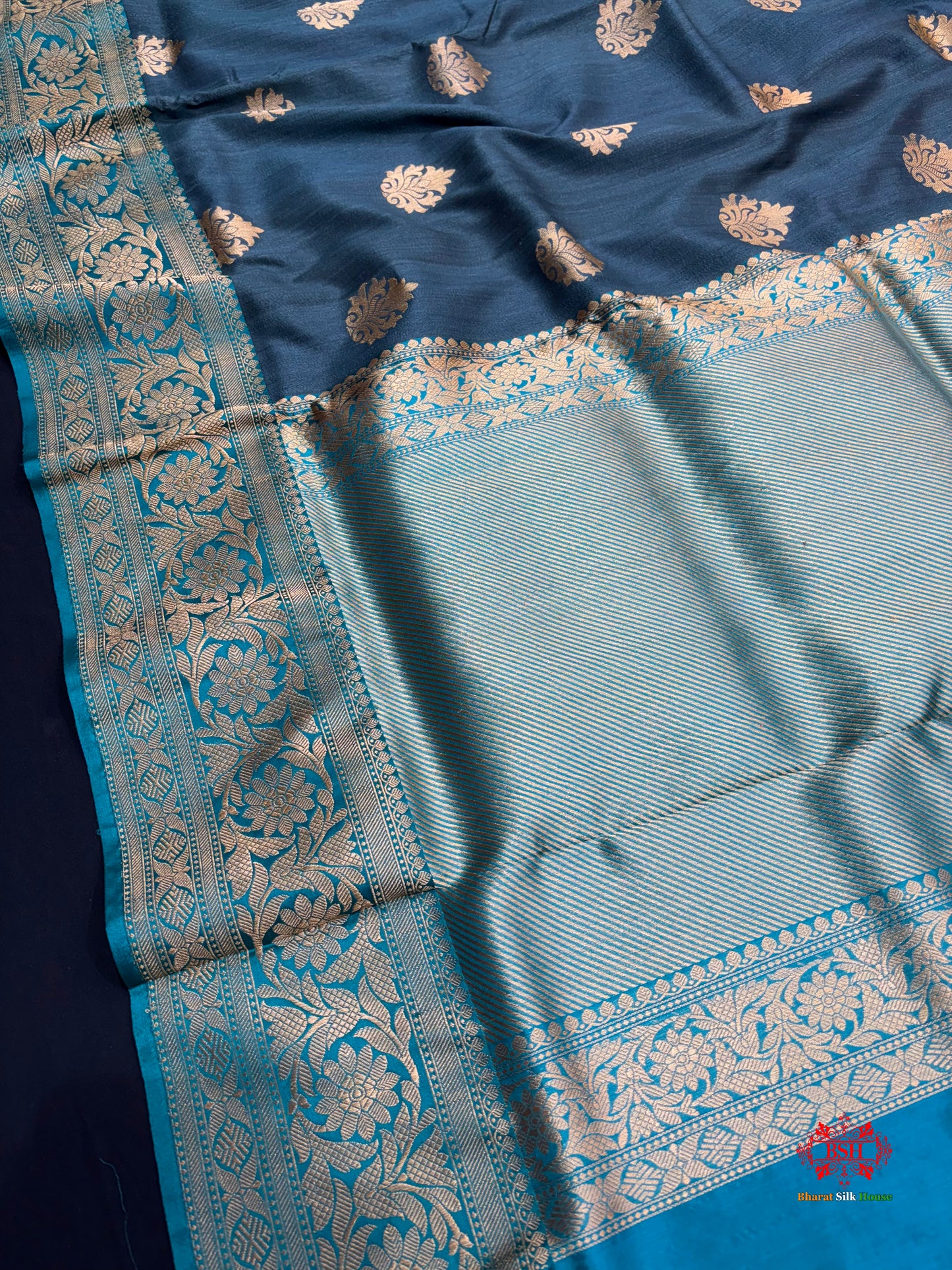 Blue Shade Pure Banarasi Tusser Moonga Silk Saree - Pure Kataan Silk - 