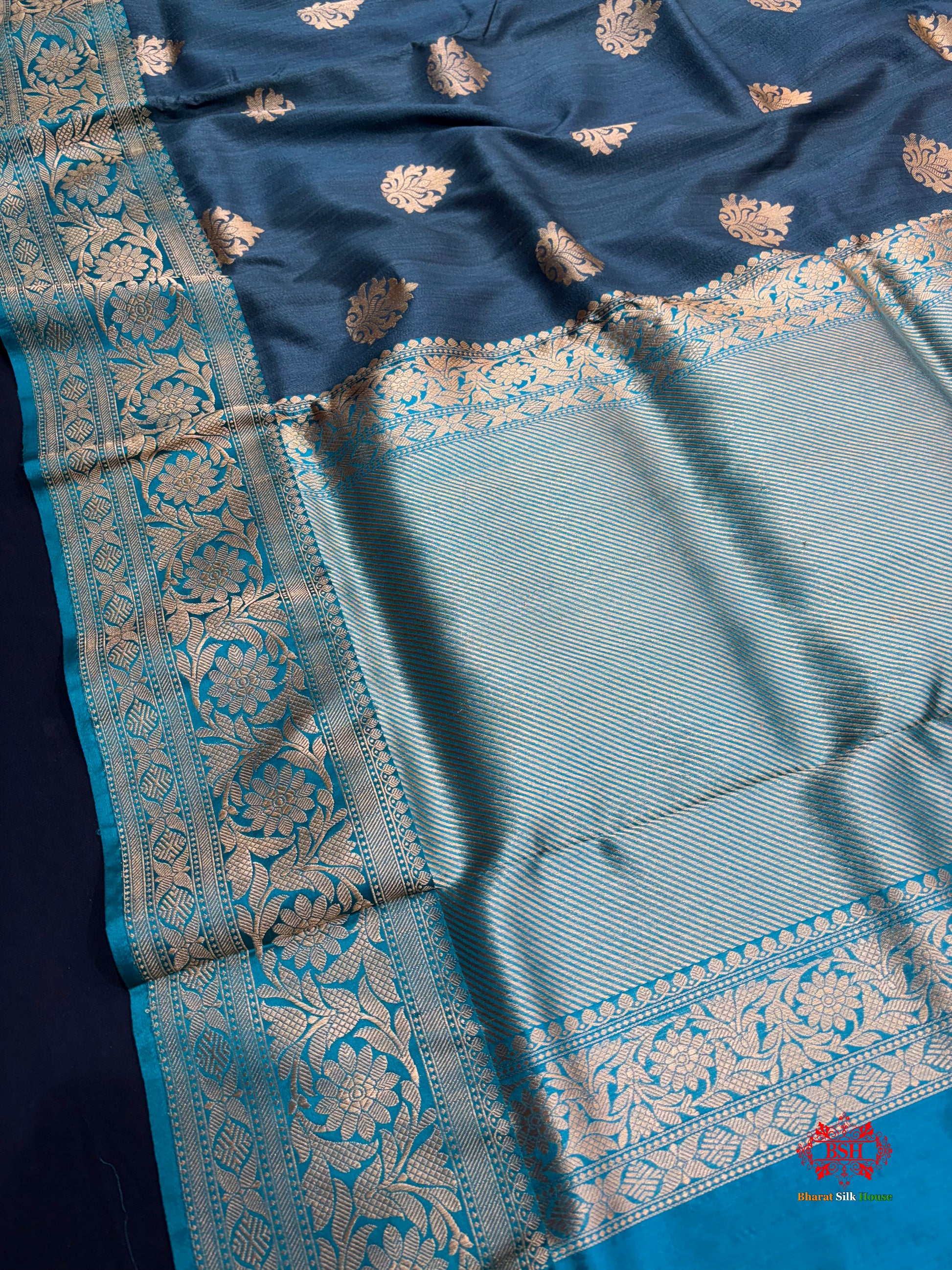 Blue Shade Pure Banarasi Tusser Moonga Silk Saree - Pure Kataan Silk - 