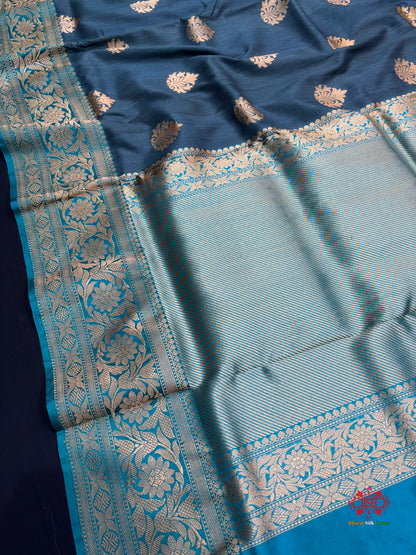 Blue Shade Pure Banarasi Tusser Moonga Silk Saree - Pure Kataan Silk - 