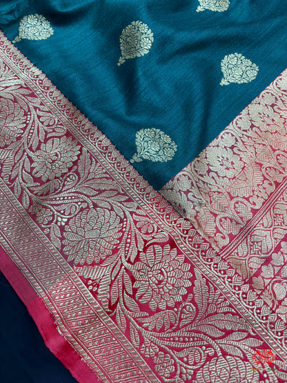 Green Shade Pure Banarasi Tusser Moonga Silk Saree - Tussar - 