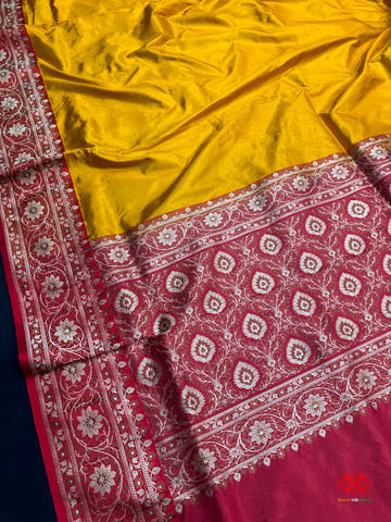 Pure Banarasi Handloom Katan Silk Reshami Zari Saree In Shades Of Mustard Yellow With Red Border - Pure Kataan Silk -