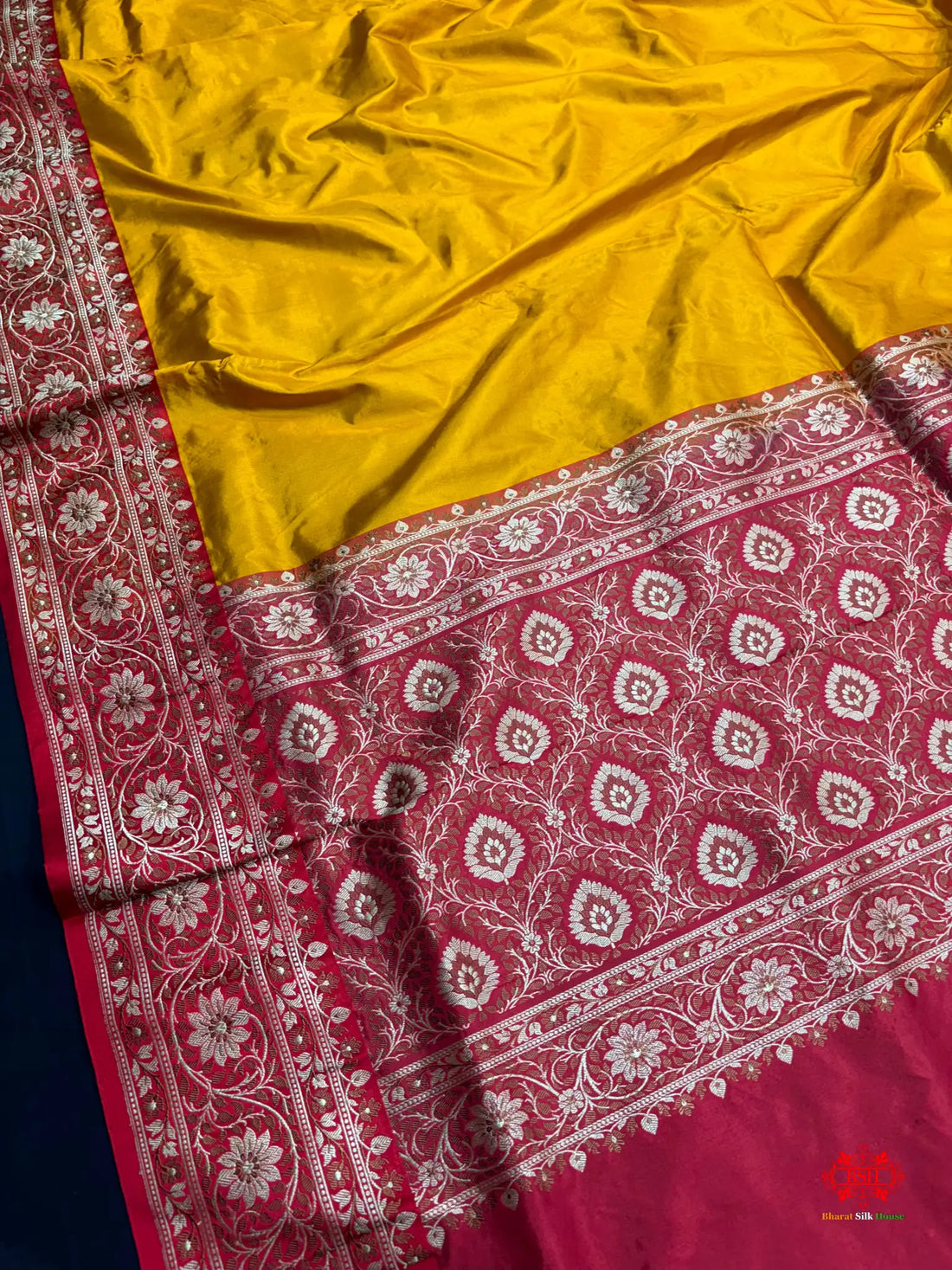 Pure Banarasi  Handloom Katan Silk Reshami Zari Saree In Shades Of Mustard Yellow With Red Border - Pure Kataan Silk -