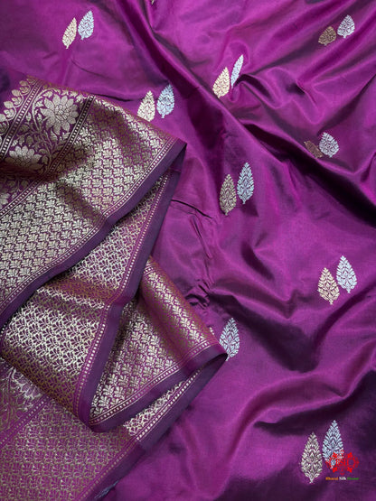 Pure Banarasi  Handloom Katan Silk  Antique Dual Zari Saree In Shades Of Wine - Pure Kataan Silk -