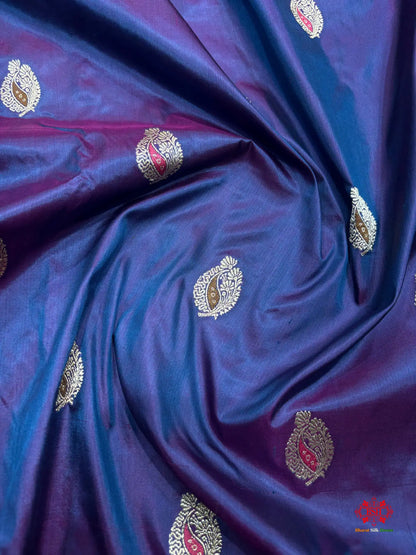 Pure Banarasi  Handloom Katan Silk Antique Meena Zari Saree In Cross Shades Of Blue/Pink - Pure Kataan Silk -