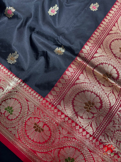 Pure Banarasi  Handloom Katan Silk Antique Meena Zari Saree In Shades Of Black - Pure Kataan Silk - 