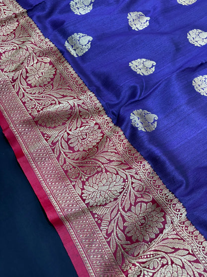 Blue Shade Pure Banarasi Tusser Moonga Silk Saree - Pure Kataan Silk -