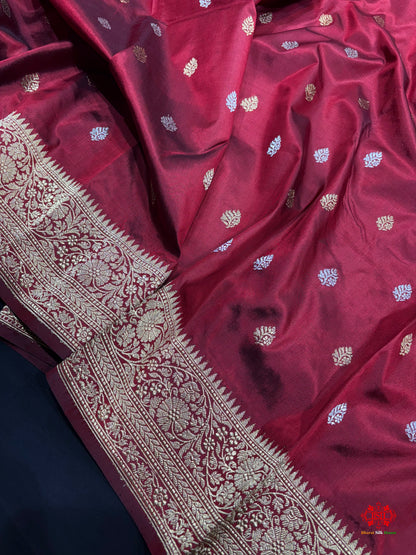 Pure Banarasi  Handloom Katan Silk  Antique Dual Zari Saree In Shades Of Maroon - Pure Kataan Silk - 