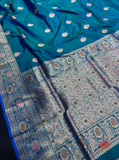 Pure Banarasi  Handloom Katan Silk Antique Meena Zari Saree In Shades Of Blue - Pure Kataan Silk - 