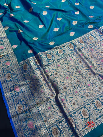 Pure Banarasi  Handloom Katan Silk Antique Meena Zari Saree In Shades Of Blue - Pure Kataan Silk -