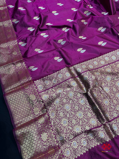 Pure Banarasi  Handloom Katan Silk  Antique Dual Zari Saree In Shades Of Wine - Pure Kataan Silk - 