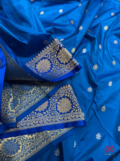 Pure Banarasi  Handloom Katan Silk  Antique Dual Zari Saree In Shades Of Blue - Pure Kataan Silk - 