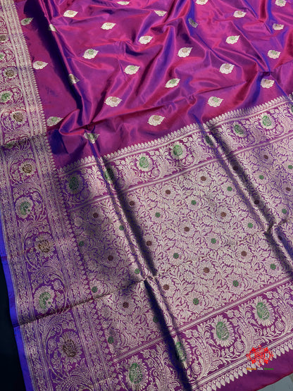Pure Banarasi  Handloom Katan Silk Antique Meena Zari Saree In Cross Shades Of Pink/Blue - Pure Kataan Silk - 