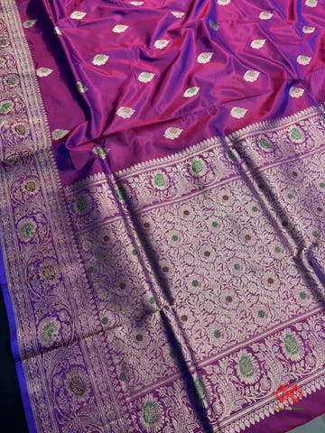 Pure Banarasi  Handloom Katan Silk Antique Meena Zari Saree In Cross Shades Of Pink/Blue - Pure Kataan Silk -