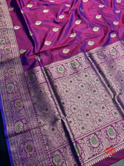 Pure Banarasi  Handloom Katan Silk Antique Meena Zari Saree In Cross Shades Of Pink/Blue - Pure Kataan Silk -