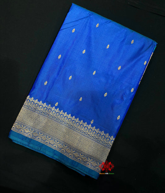 Pure Banarasi  Handloom Katan Silk Antique Zari Saree In Shades Of Blue - Pure Kataan Silk - 
