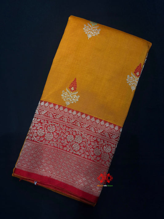 Pure Banarasi  Handloom Katan Silk Antique Zari Meenakari Saree In Shades Of Mustard - Pure Kataan Silk - 