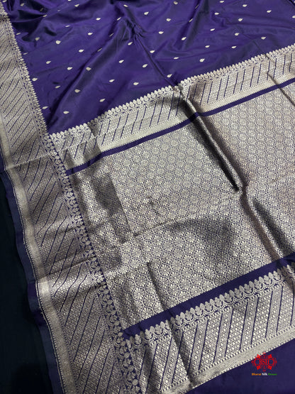 Pure Banarasi  Handloom Katan Silk Antique Zari Saree In Shades Of Navy Blue - Pure Kataan Silk - 