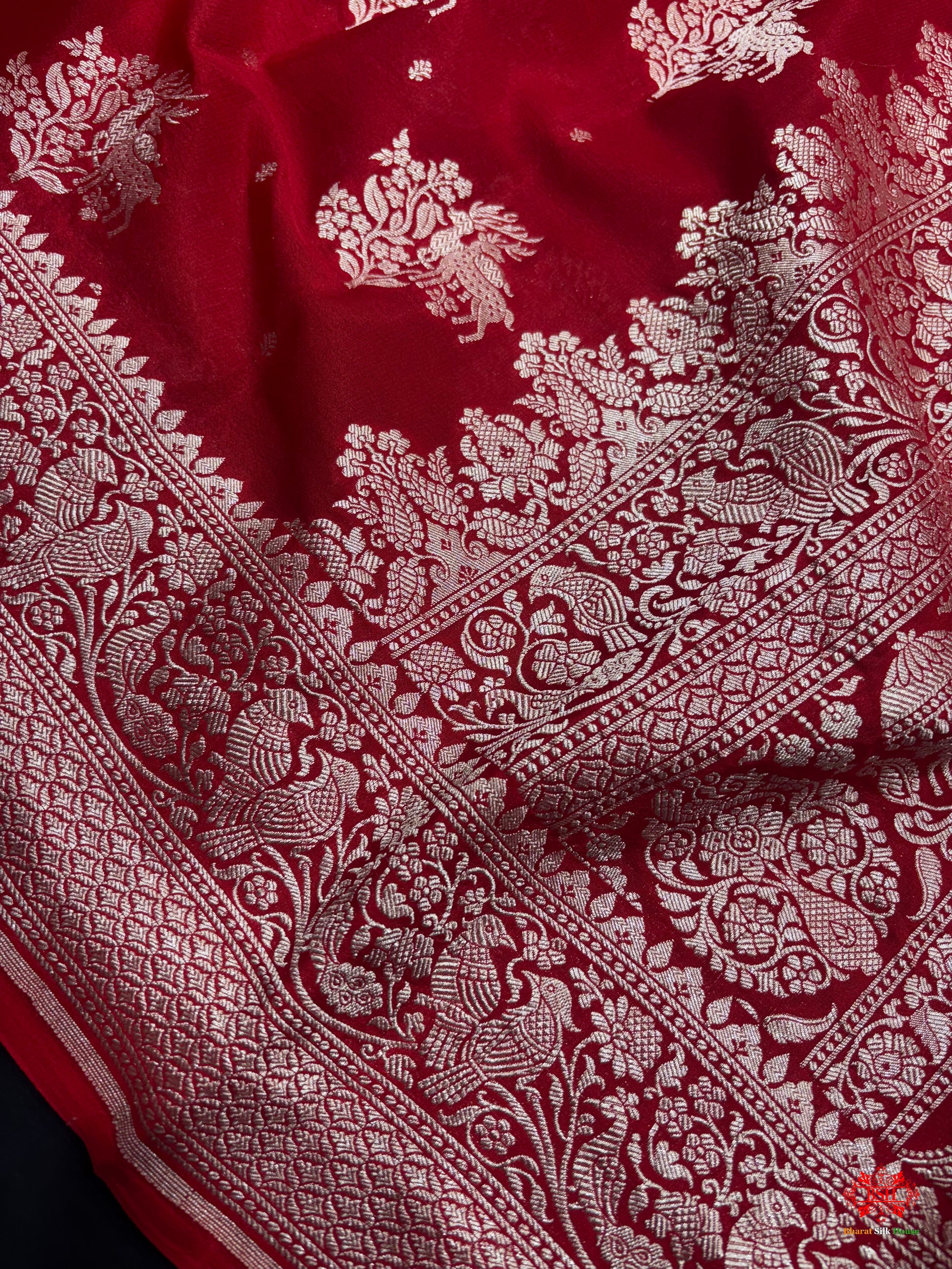 Pure Silk Crape Khaddi Georgette Saree With Antique Zari In Shades Of Blush Red -  - 