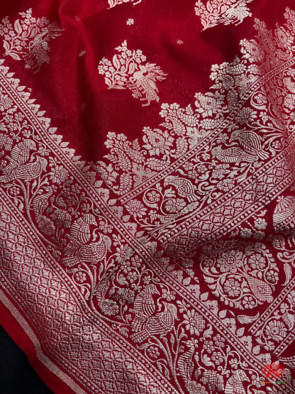Pure Silk Crape Khaddi Georgette Saree With Antique Zari In Shades Of Blush Red -  -