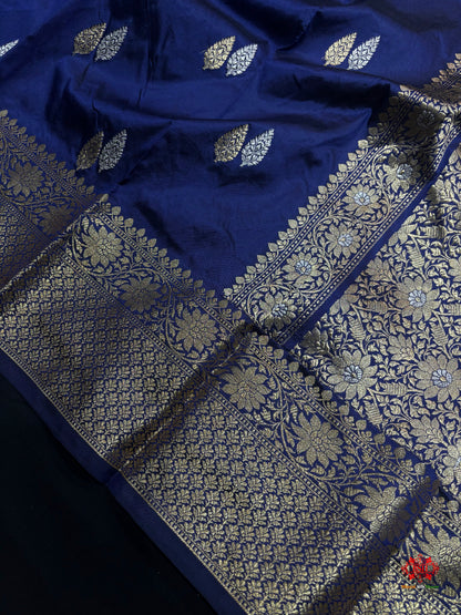 Pure Banarasi  Handloom Katan Silk  Antique Dual Zari Saree In Shades Of Blue - Pure Kataan Silk - 