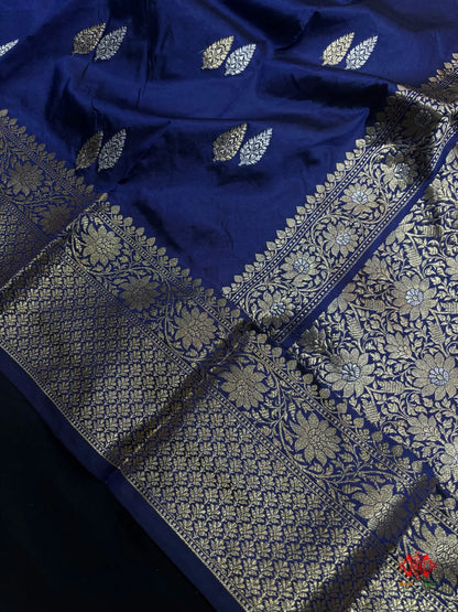 Pure Banarasi  Handloom Katan Silk  Antique Dual Zari Saree In Shades Of Blue - Pure Kataan Silk -