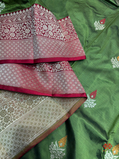 Pure Banarasi  Handloom Katan Silk Antique Zari Meenakari Saree In Shades Of Green - Pure Kataan Silk - 