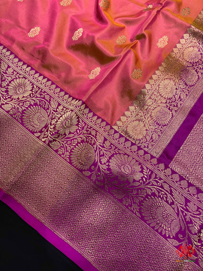 Pure Banarasi  Handloom Katan Silk Antique Zari Saree In Cross Shades Of Pink/Orange - Pure Kataan Silk - 