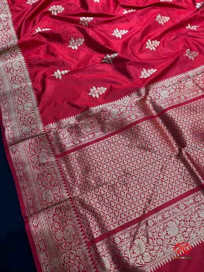 Pure Banarasi  Handloom Katan Silk Antique Zari Saree In Shades Of Red - Pure Kataan Silk -