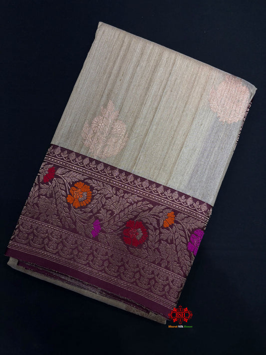 Beige Color With Meena Border Pure Banarasi Tusser Moonga Silk Saree - Tussar - 