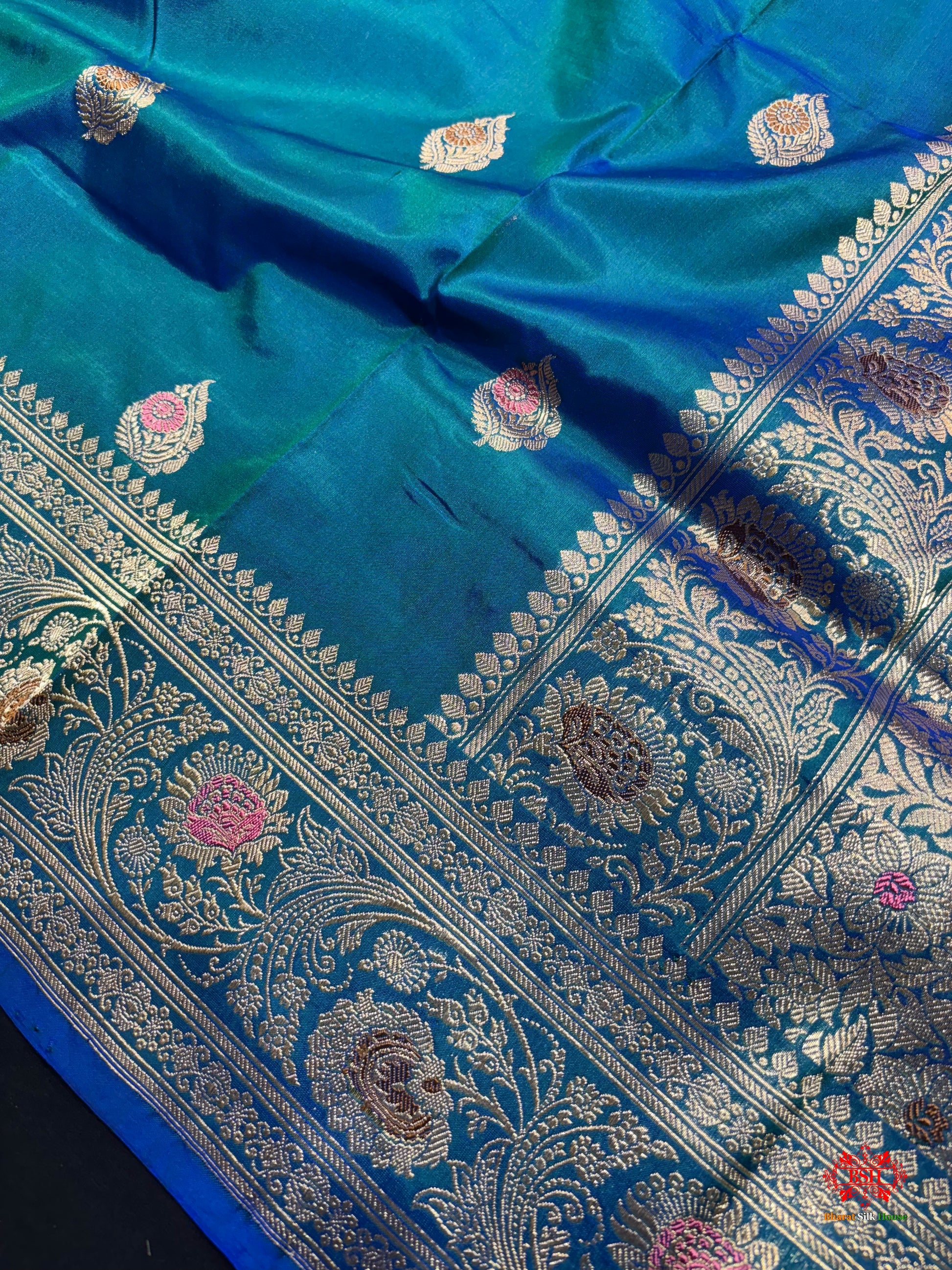Pure Banarasi  Handloom Katan Silk Antique Meena Zari Saree In Shades Of Blue - Pure Kataan Silk - 