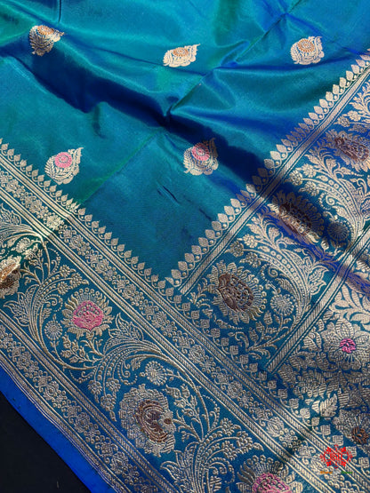 Pure Banarasi  Handloom Katan Silk Antique Meena Zari Saree In Shades Of Blue - Pure Kataan Silk - 