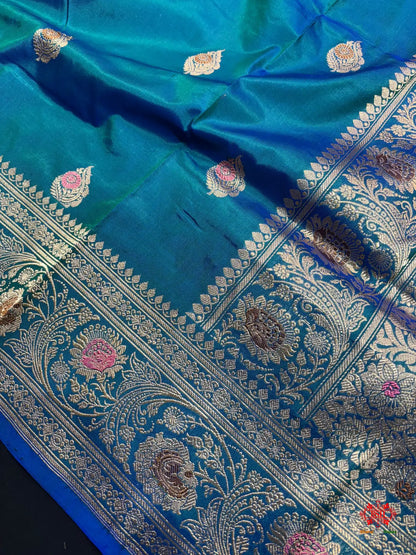 Pure Banarasi  Handloom Katan Silk Antique Meena Zari Saree In Shades Of Blue - Pure Kataan Silk -