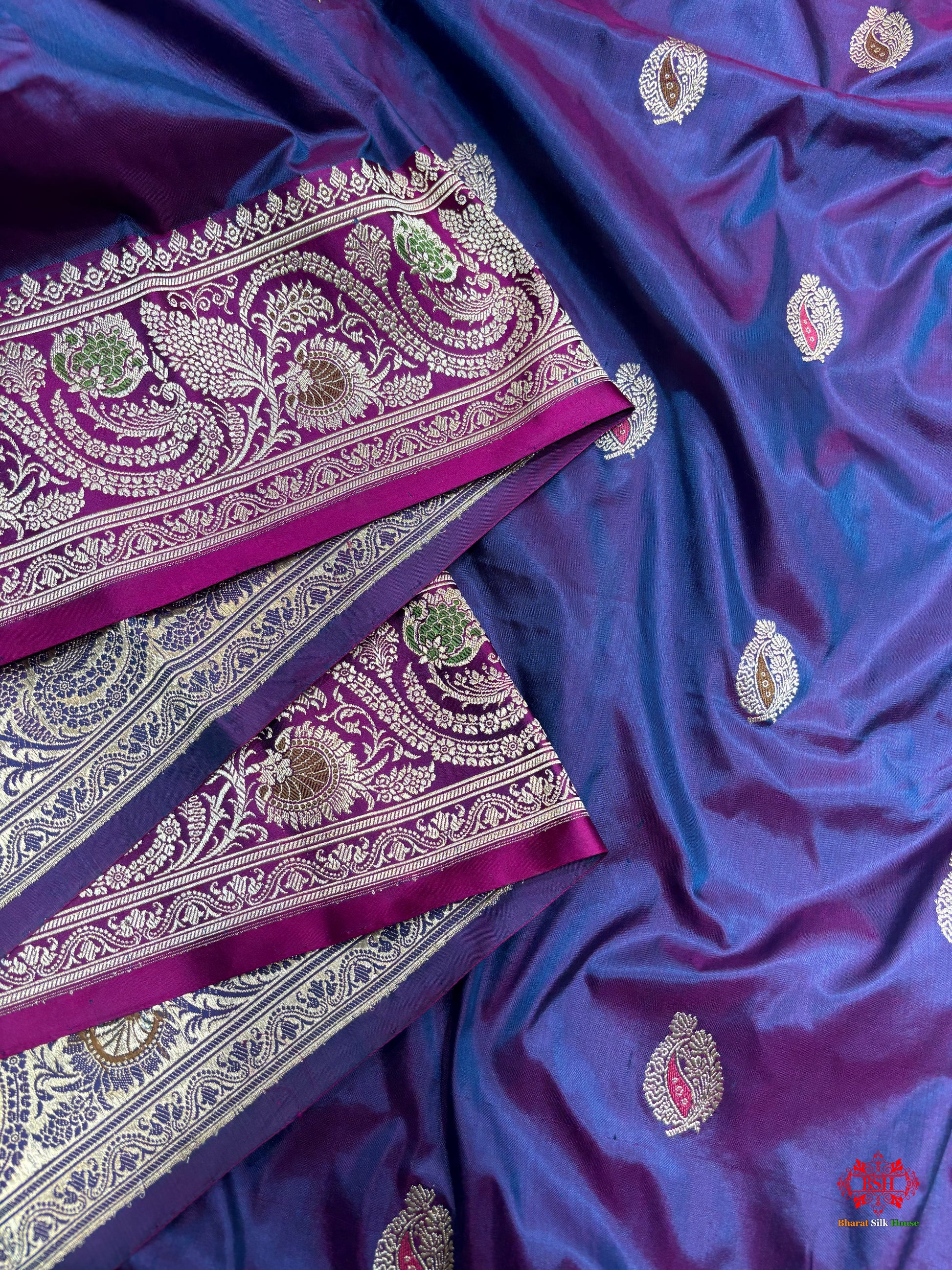 Pure Banarasi  Handloom Katan Silk Antique Meena Zari Saree In Cross Shades Of Blue/Pink - Pure Kataan Silk - 