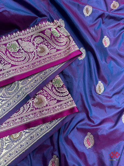 Pure Banarasi  Handloom Katan Silk Antique Meena Zari Saree In Cross Shades Of Blue/Pink - Pure Kataan Silk -