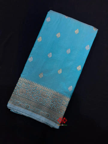 Pure Banarasi  Handloom Katan Silk  Antique Dual Zari Saree In Shades Of Firozi - Pure Kataan Silk -
