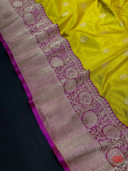 Pure Banarasi  Handloom Katan Silk Antique Zari Saree In Shades Of Yellow - Pure Kataan Silk -