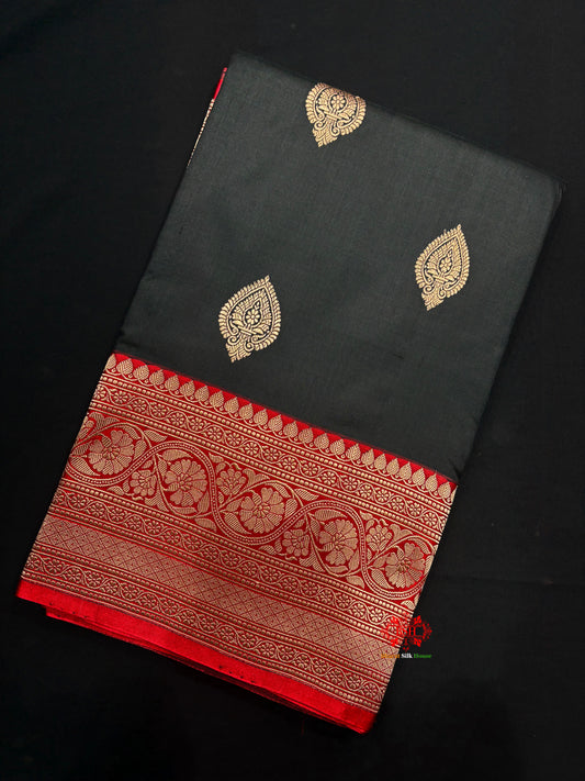 Pure Banarasi  Handloom Katan Silk  Antique Zari Saree In Shades Of Black - Pure Kataan Silk - 