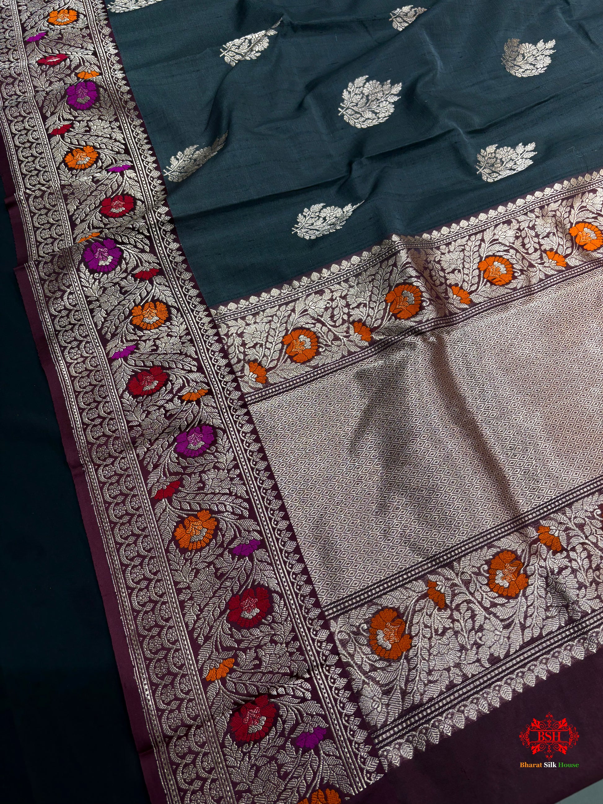 Black Shade With Meena Border Pure Banarasi Tusser Moonga Silk Saree - Pure Kataan Silk - 