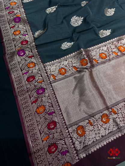 Black Shade With Meena Border Pure Banarasi Tusser Moonga Silk Saree - Pure Kataan Silk - 