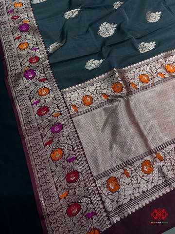 Black Shade With Meena Border Pure Banarasi Tusser Moonga Silk Saree - Pure Kataan Silk -