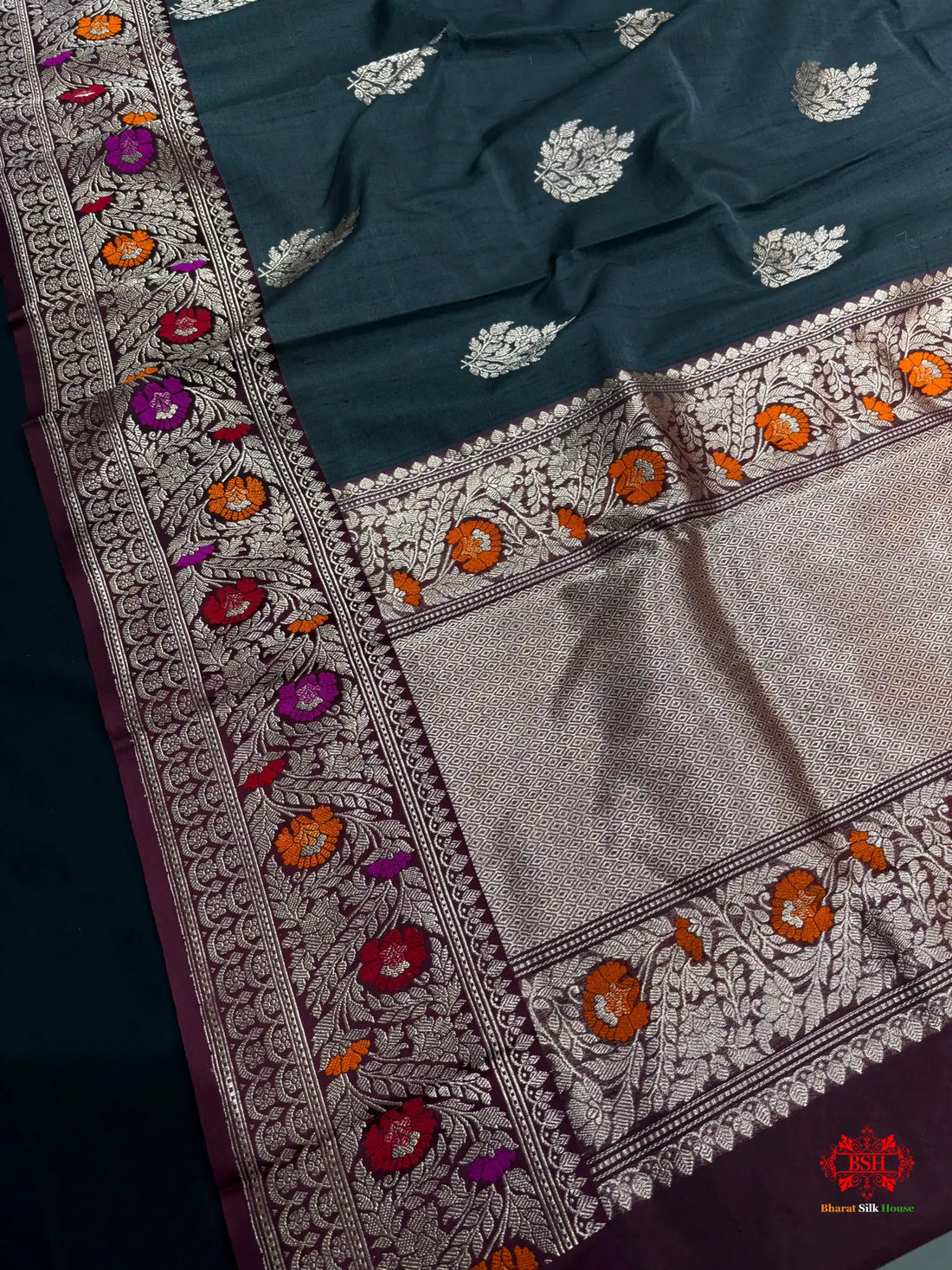 Black Shade With Meena Border Pure Banarasi Tusser Moonga Silk Saree - Pure Kataan Silk -