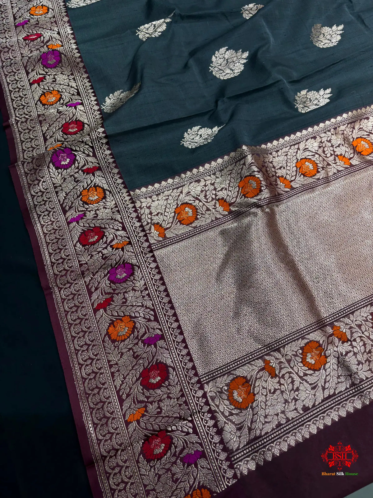 Black Shade With Meena Border Pure Banarasi Tusser Moonga Silk Saree - Pure Kataan Silk -