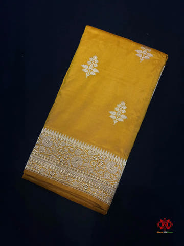 Pure Banarasi  Handloom Katan Silk Antique Zari Saree In Shades Of Mustard - Pure Kataan Silk -