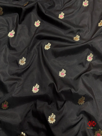 Pure Banarasi  Handloom Katan Silk Antique Meena Zari Saree In Shades Of Black - Pure Kataan Silk -
