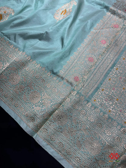 Pure Banarasi  Handloom Katan Silk Antique Zari Meenakari Saree In Shades Of Firozi - Pure Kataan Silk -