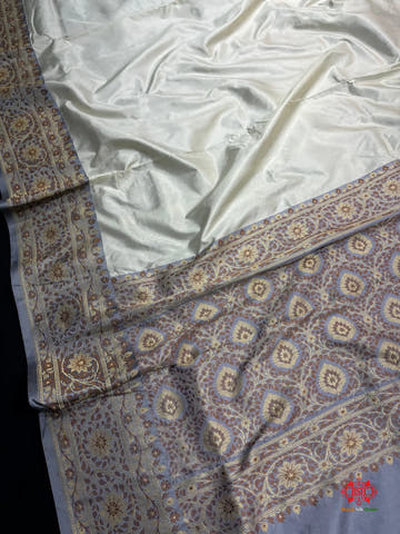 Pure Banarasi Handloom Katan Silk Reshami Zari Saree In Shades Of Off White With Grey Border - Pure Kataan Silk -