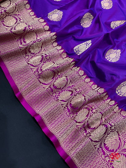 Pure Banarasi  Handloom Katan Silk  Antique Zari Saree In Shades Of Indigo Blue - Pure Kataan Silk - 