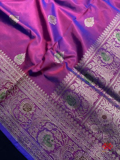 Pure Banarasi  Handloom Katan Silk Antique Meena Zari Saree In Cross Shades Of Pink/Blue - Pure Kataan Silk - 